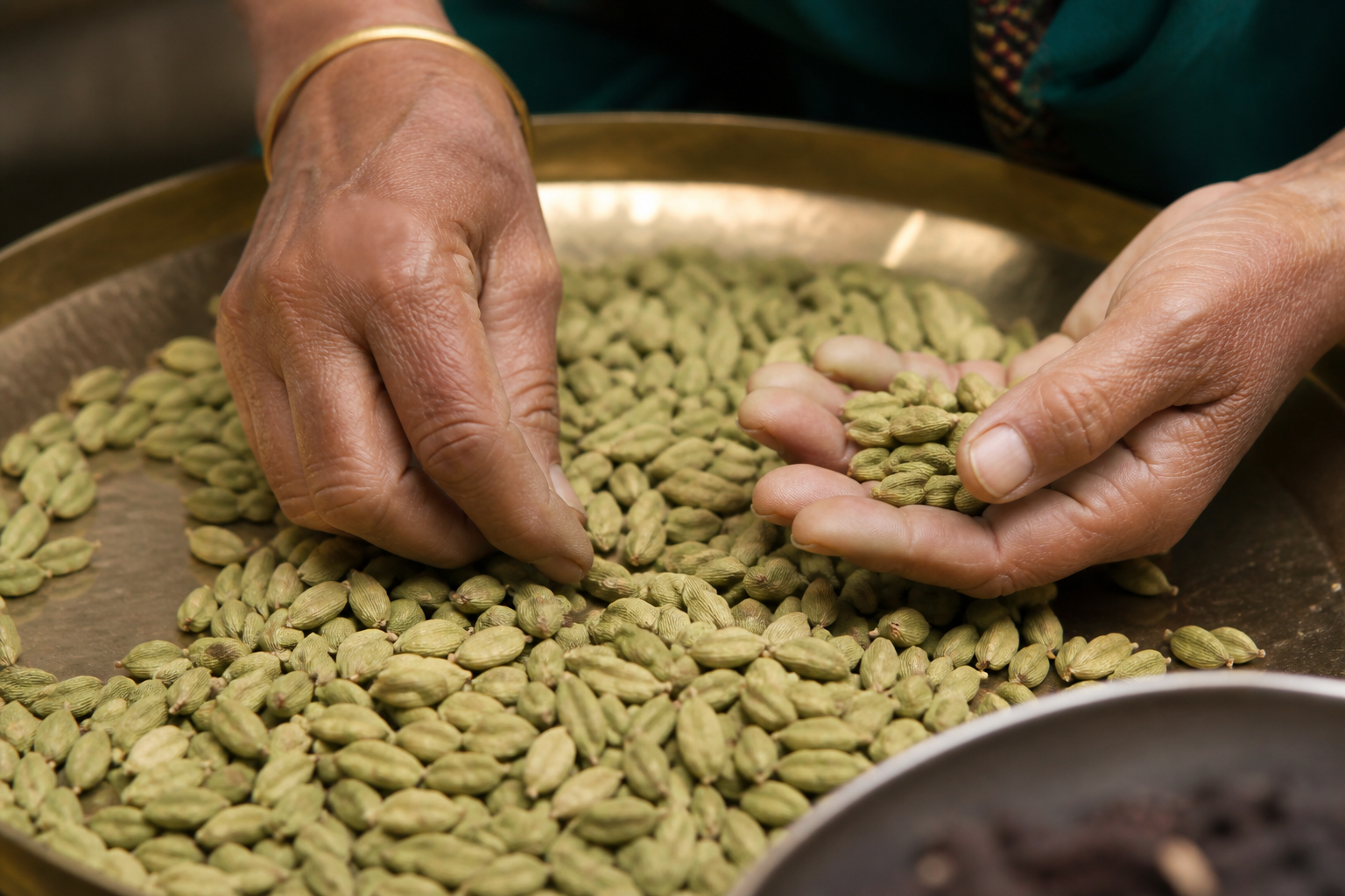 Hand-sorting cardamom